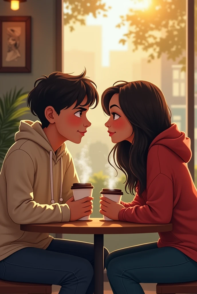 A 2 indian boy with medium long hair wearing hoodie and seating with his 2 beautiful indian girlfriend and both are seeting on a table with their coffee and taking photo