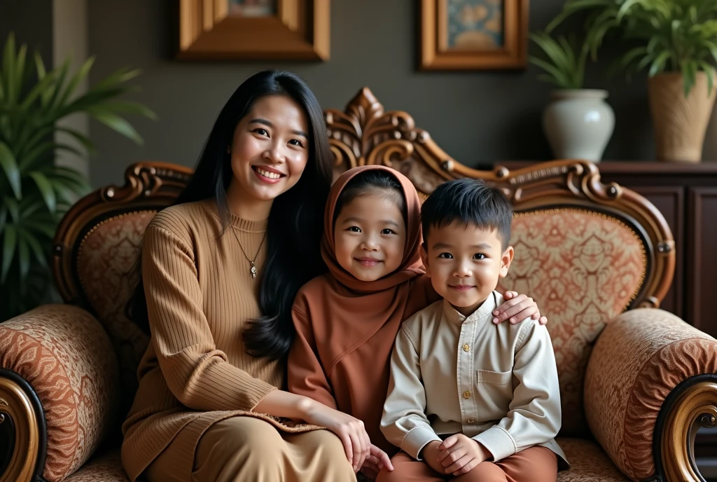 Portrait of indonesian family, (40 years old mom with long black hair), (20 years old girl wear hijab), ( girl wear hijab), (1 boy), ( boy), realistic photograpy, sit on sofa in the decorative indoor studio,  cinematic, hyper realistic, super detail, HD 8K. 