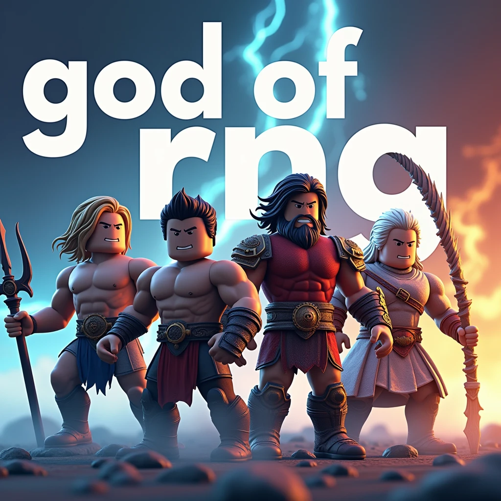 Posidon ares kratos and zeus as a roblox character (add text saying “God of RNG” in the background and make it big)