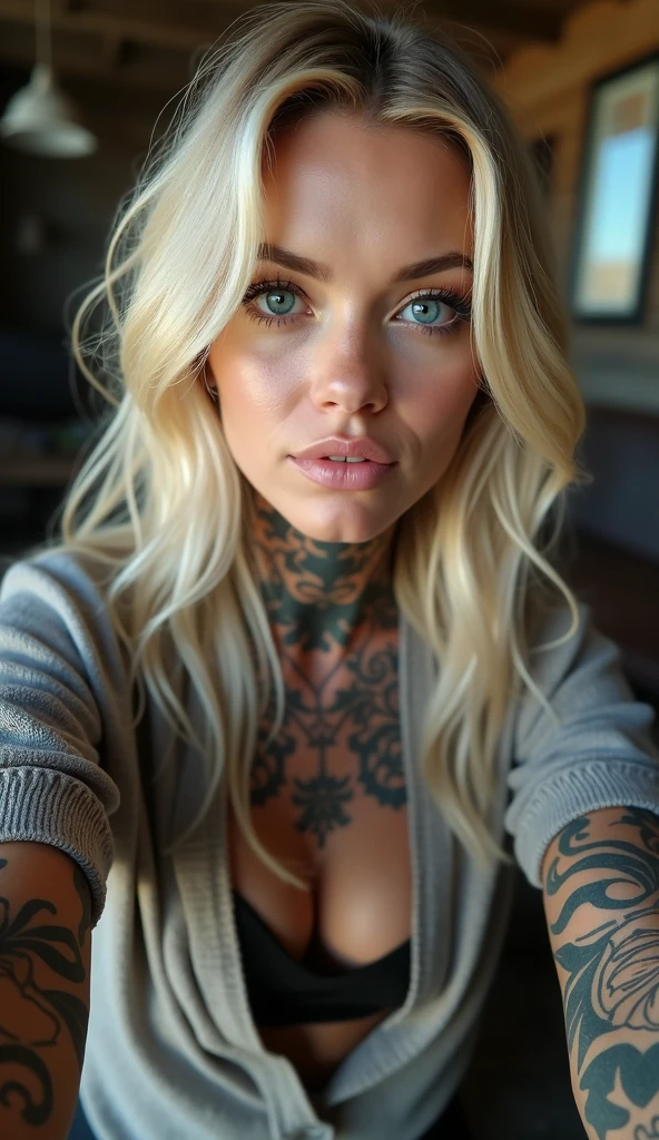 Selfie, Wink, cute babyface woman, attractive and seductive expression, Shy, blonde straight hair, forehead, the picture, blue eyes, Excellent body proportions, covered with tattoos, wears loosely knitted shirt, tight-fitting leather trousers, Engineer boots, artistic, hyper, graphic CG digital art