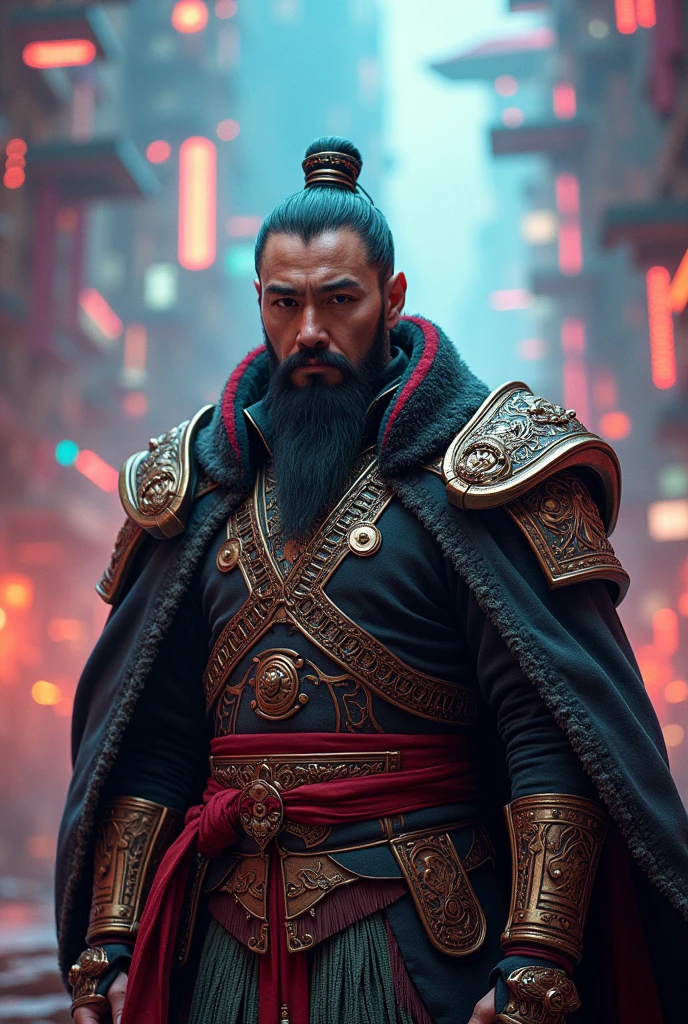 A fashionable 40 year old man, fierce Mongol warrior, realistic style, detailed facial features, intricate clothing, futuristic background, intricate architecture, advanced technology, neon lights, cinematic lighting, vibrant colors, digital art, highly detailed
