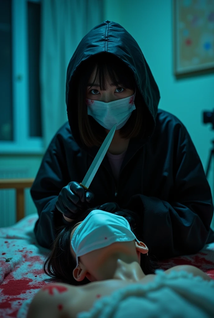 korean girl, (behind stiff, holding knife), surgical mask, black leather gloves, room, black raincoat, hood up, holding knife, leather gloves, woman on top, behind cadaver, looking at viewer, blood splatter, bed room, night, mass murderer, killer, short hair, blood splatter, dark atmosphere, cinematic lighting, atmospheric realistic, neon lighting, tripod and camera in the back, shooting with camera
