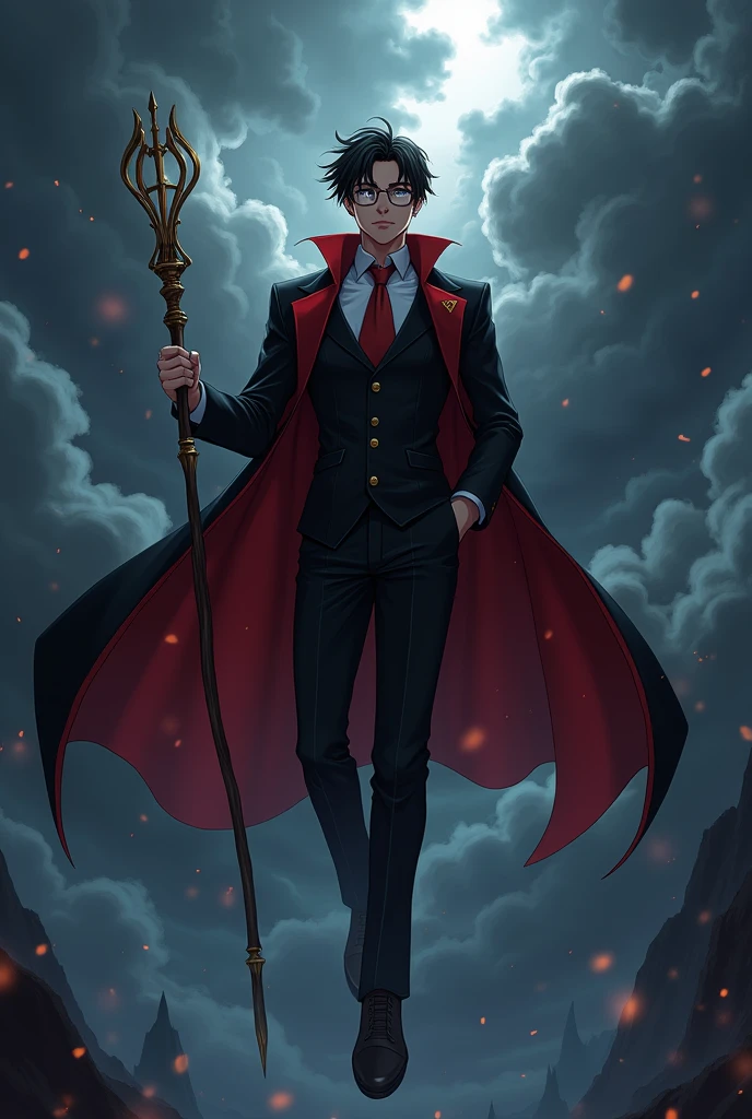Make an image of an black guy wearing a black and red evil suit with a magical stick in hand having spiritual power and wearing circular glasses and having very good looking and anime hair levitating in the sky background black and cloudy weather anime style