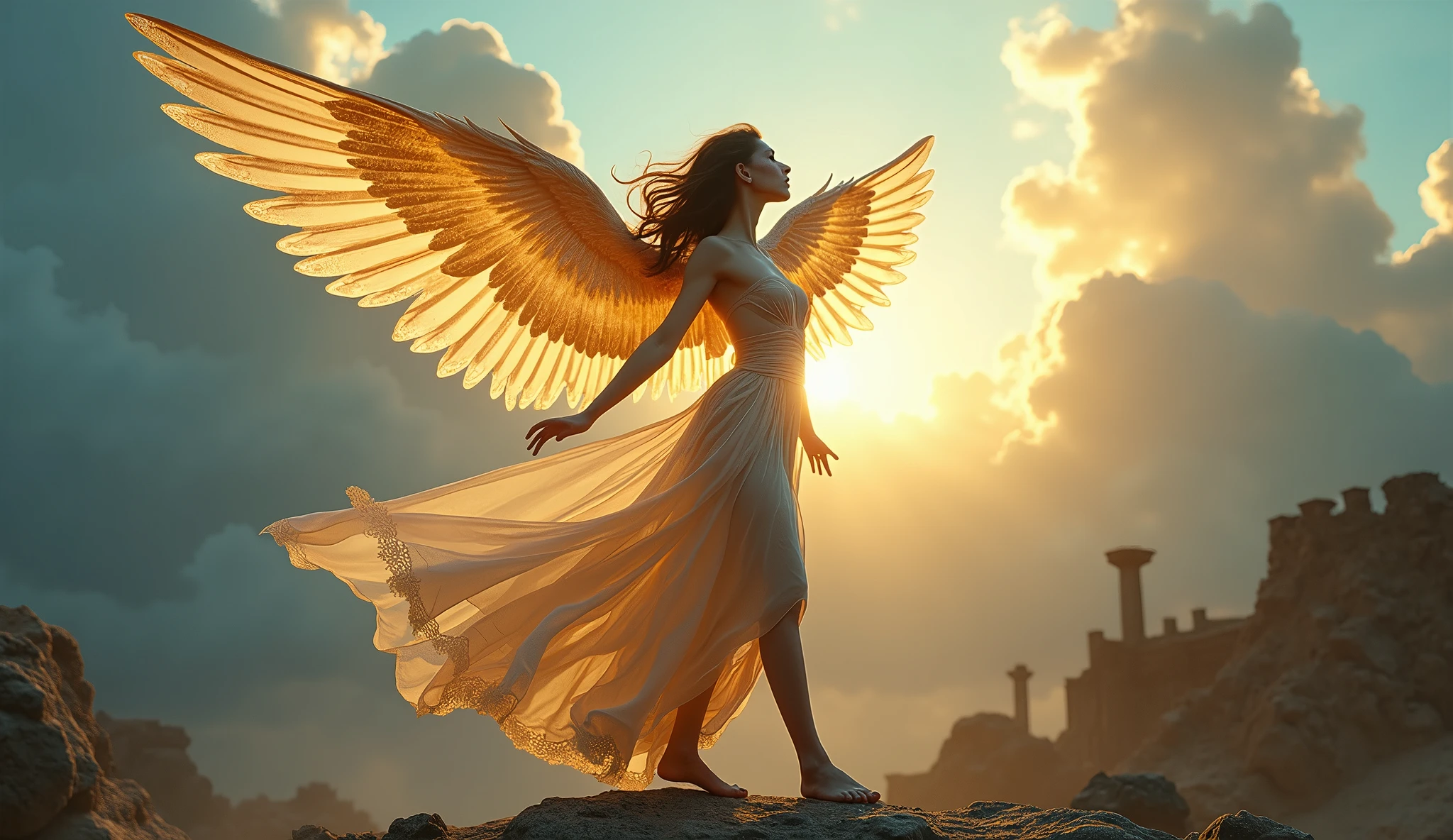 A seductive and enchanting woman with celestial wings, bathed in soft, radiant light, performs a graceful dance atop floating ruins in a cloud-filled sky. Her alluring figure is draped in sheer fabrics of gold and deep blue, while delicate symbols of ancient magic glow softly on her skin. The scene captures her divine elegance as she moves with captivating poise and beauty. Aim for realistic depiction, make sure photos are at highest resolution (8K)