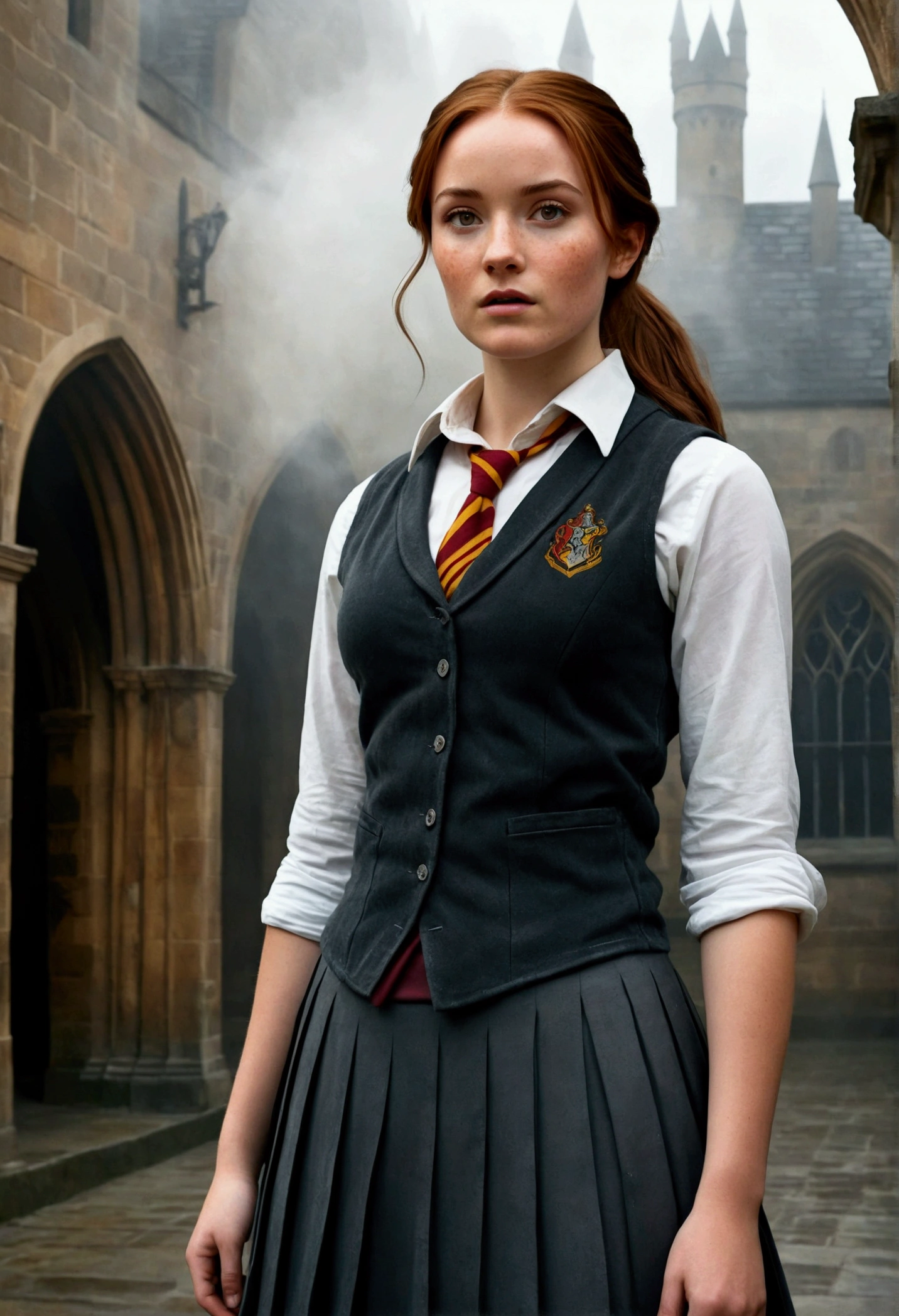 An illustrated movie poster, hand-drawn, full color, a female Hogwarts student, 1, wearing a charcoal vest and a pleated skirt, tall, toned, amazonian stature, athletic hourglass figure, full wide hips, massive round butt, long shapely legs, ridiculously thick powerful thighs, hazel eyes, deep dark auburn hair, messy ponytail, flushed sun-kissed complexion, freckles, resembles Genevieve O'Reilly, standing in a foggy Hogwarts courtyard, surrounded by mist, graphite shading, stencil marks, airbrushed acrylic paint, masterpiece, in the Deathly Hallows