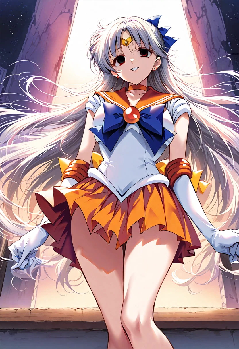 (masterpiece, Highest quality, so beautiful, Very detailed), Intricate details, 12k, Honestly,Awe-inspiring, Long Hair, Blonde, Hair Ribbon, tiara, Earrings, blue eyes, Orange Choker, Orange sailor collar, Blue ribbon, White shirt, Elbow hand pockets, White gloves, Pleated skirt, Orange Skirt, barefoot, Are standing, Cowboy Shot,,(Wicked Smile:1.2), One person,(Silver Hair:1.4),(empty eyes,:1.4),From below,Watching the dawn,Dark aura,View your audience,(red eyes:1.2),