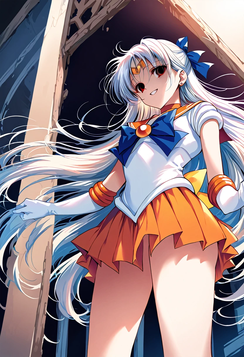 (masterpiece, Highest quality, so beautiful, Very detailed), Intricate details, 12k, Honestly,Awe-inspiring, Long Hair, Blonde, Hair Ribbon, tiara, Earrings, blue eyes, Orange Choker, Orange sailor collar, Blue ribbon, White shirt, Elbow hand pockets, White gloves, Pleated skirt, Orange Skirt, barefoot, Are standing, Cowboy Shot,,(Wicked Smile:1.2), One person,(Silver Hair:1.4),(empty eyes,:1.4),From below,Watching the dawn,Dark aura,View your audience,(red eyes:1.2),