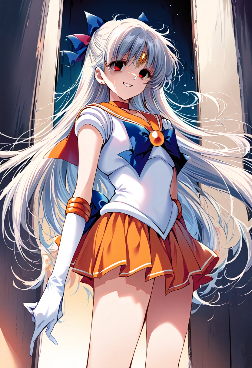 (masterpiece, Highest quality, so beautiful, Very detailed), Intricate details, 12k, Honestly,Awe-inspiring, Long Hair, Blonde, Hair Ribbon, tiara, Earrings, blue eyes, Orange Choker, Orange sailor collar, Blue ribbon, White shirt, Elbow hand pockets, White gloves, Pleated skirt, Orange Skirt, barefoot, Are standing, Cowboy Shot,,(Wicked Smile:1.2), One person,(Silver Hair:1.4),(empty eyes,:1.4),From below,Watching the dawn,Dark aura,View your audience,(red eyes:1.2),