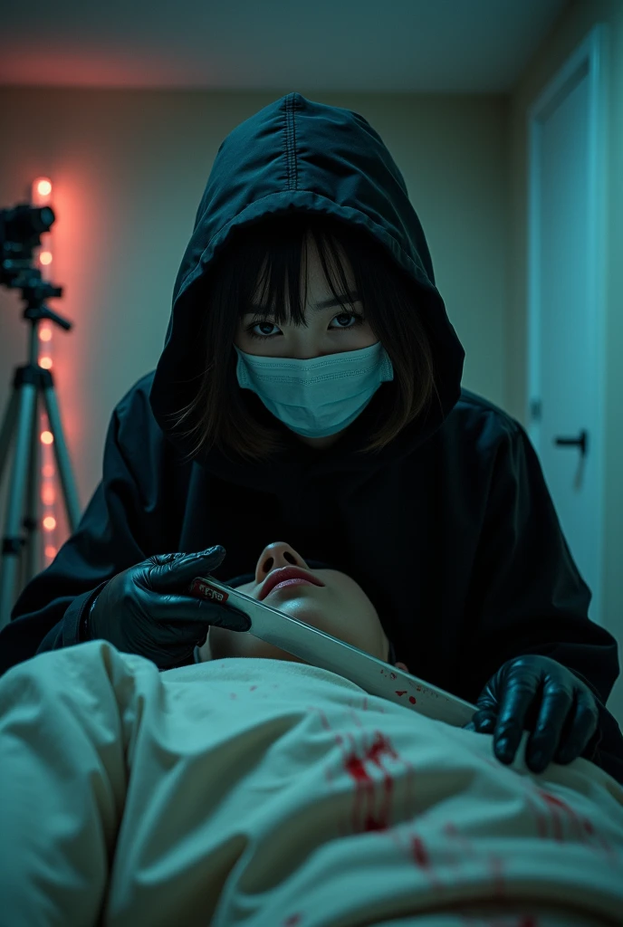 korean girl, (behind stiff, holding knife), surgical mask, black leather gloves, room, black raincoat, hood up, holding knife, leather gloves, woman on top, behind cadaver, looking at viewer, blood splatter, bed room, night, mass murderer, killer, short hair, blood splatter, dark atmosphere, cinematic lighting, atmospheric realistic, neon lighting, tripod and camera in the back, shooting with camera