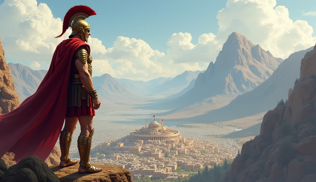 Introduction and historical context**: "An illustration of King Leonidas I of Sparta, with full armor and helmet with plume, standing on a hill while looking at his city of Sparta. At the bottom, you can see mountains and the city, with an atmosphere of classical Greek antiquity
