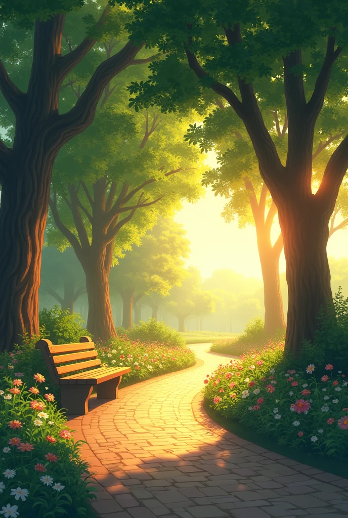 An digital painting scene of a serene, sunlit path winding through a lush, green park at golden hour. The path is paved with cobblestones, glowing warmly under the fading light of the setting sun. Tall, majestic trees line both sides of the path, their leaves casting soft shadows. Vibrant flowers bloom along the edges, adding pops of color to the scene. A simple wooden bench sits empty, inviting tranquility. The entire atmosphere exudes peace and calm, with a gentle, dreamy anime aesthetic, capturing the essence of a quiet, picturesque evening walk."