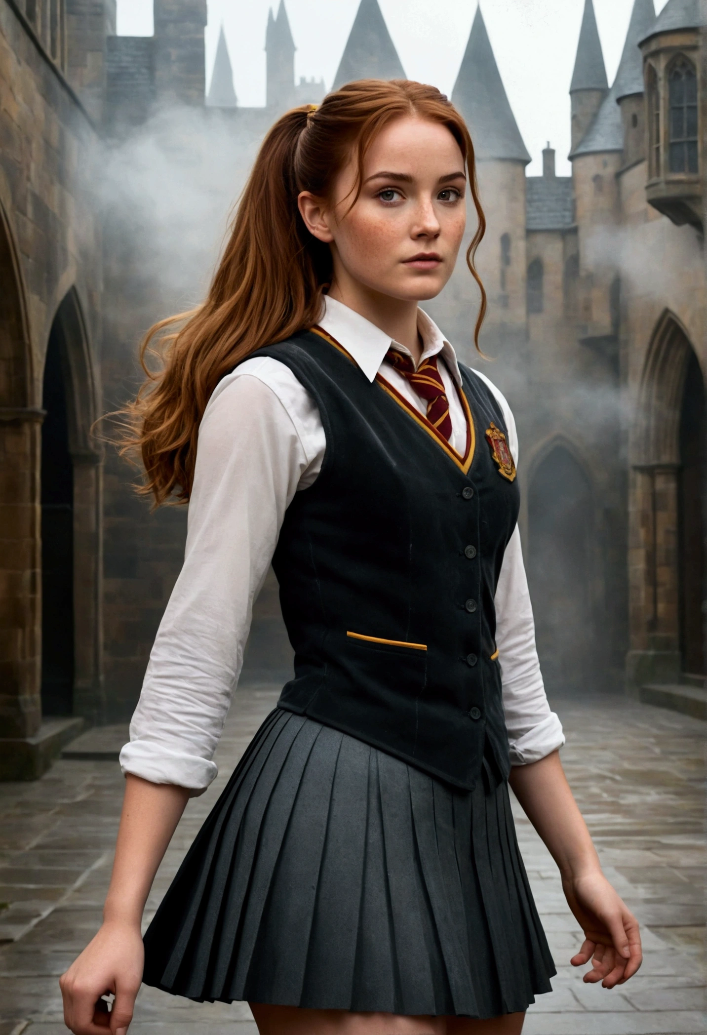 An illustrated movie poster, hand-drawn, full color, a female Hogwarts student, 1, wearing a charcoal vest and a pleated skirt, tall, toned, amazonian stature, athletic hourglass figure, full wide hips, massive round butt, long shapely legs, ridiculously thick powerful thighs, hazel eyes, deep dark auburn hair, messy ponytail, flushed sun-kissed complexion, freckles, resembles Genevieve O'Reilly, standing in a foggy Hogwarts courtyard, surrounded by mist, graphite shading, stencil marks, airbrushed acrylic paint, masterpiece, in the Deathly Hallows
