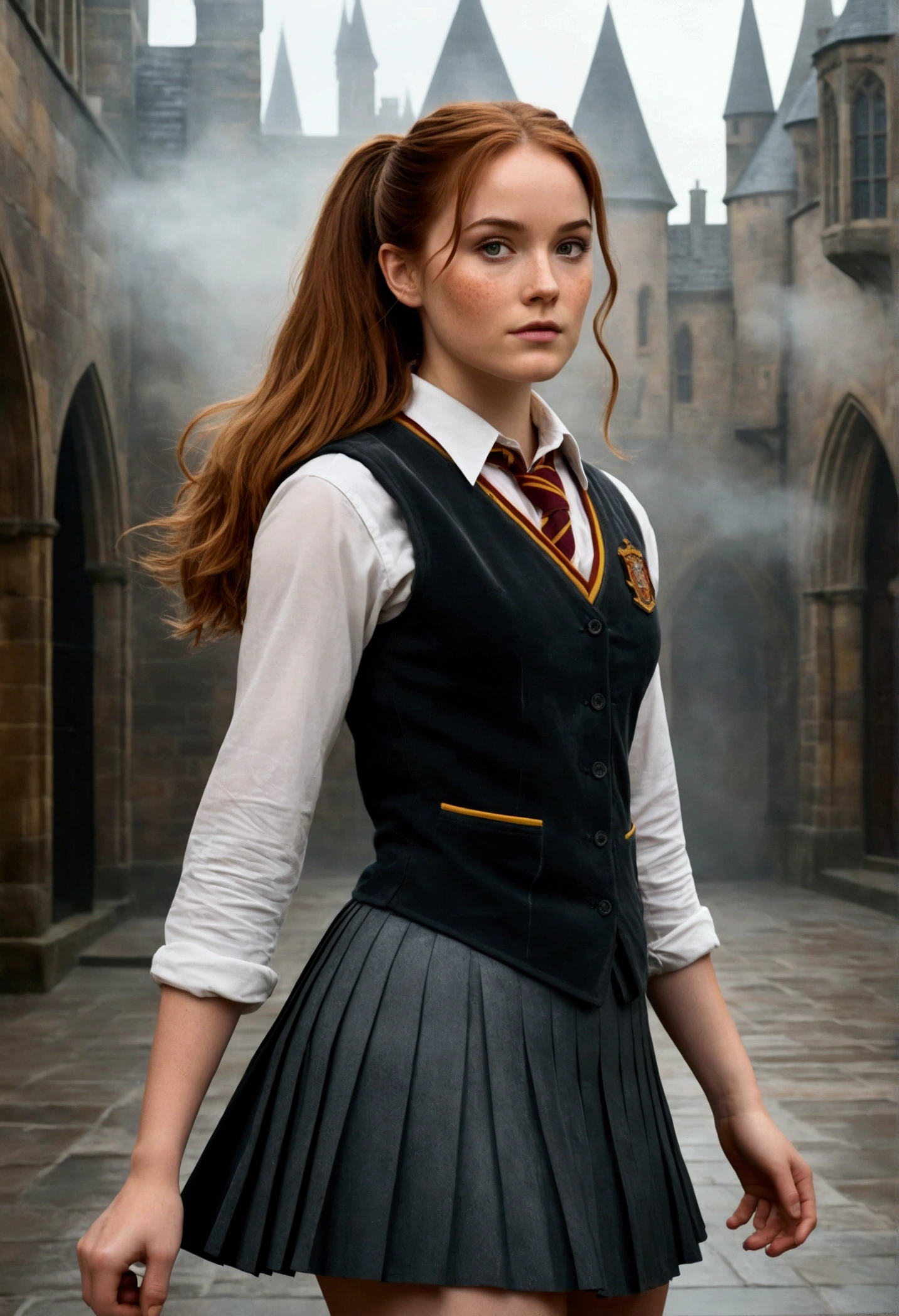 An illustrated movie poster, hand-drawn, full color, a female Hogwarts student, 1, wearing a charcoal vest and a pleated skirt, tall, toned, amazonian stature, athletic hourglass figure, full wide hips, massive round butt, long shapely legs, ridiculously thick powerful thighs, hazel eyes, deep dark auburn hair, messy ponytail, flushed sun-kissed complexion, freckles, resembles Genevieve O'Reilly, standing in a foggy Hogwarts courtyard, surrounded by mist, graphite shading, stencil marks, airbrushed acrylic paint, masterpiece, in the Deathly Hallows