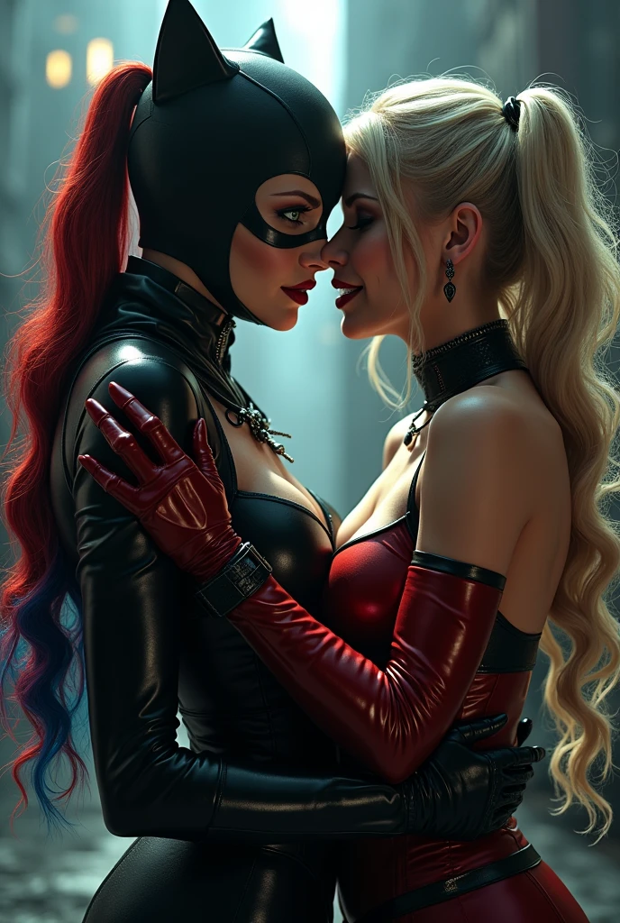 Masterpiece, close up portrait of harley quinn. Pink and blue makup around her eyes with glossy black lips. She has a sexy demeanour, laughing and giggling while looking into the eyes of joker. She has thick long blonde hair tied in twin bunches with pink and blue ends and she is wearing a short tight black and red leather punk jacket with chains and spikes. Sitting next to her is the joker, white and red face paint and purple jacket with studs. Very Thick smoke fills the limousine like a fog. The joker is grabbing harley's throat and she likes it and is in love with joker. detailed and colourful digital comicbook art with deep shadows. Detailed drawing done by a professional comic artist.