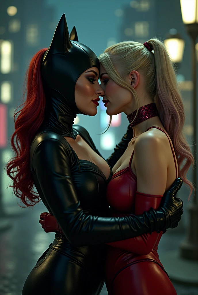 You can create an image of a loving kiss between sexy catwoman and sexy Harley Quinn