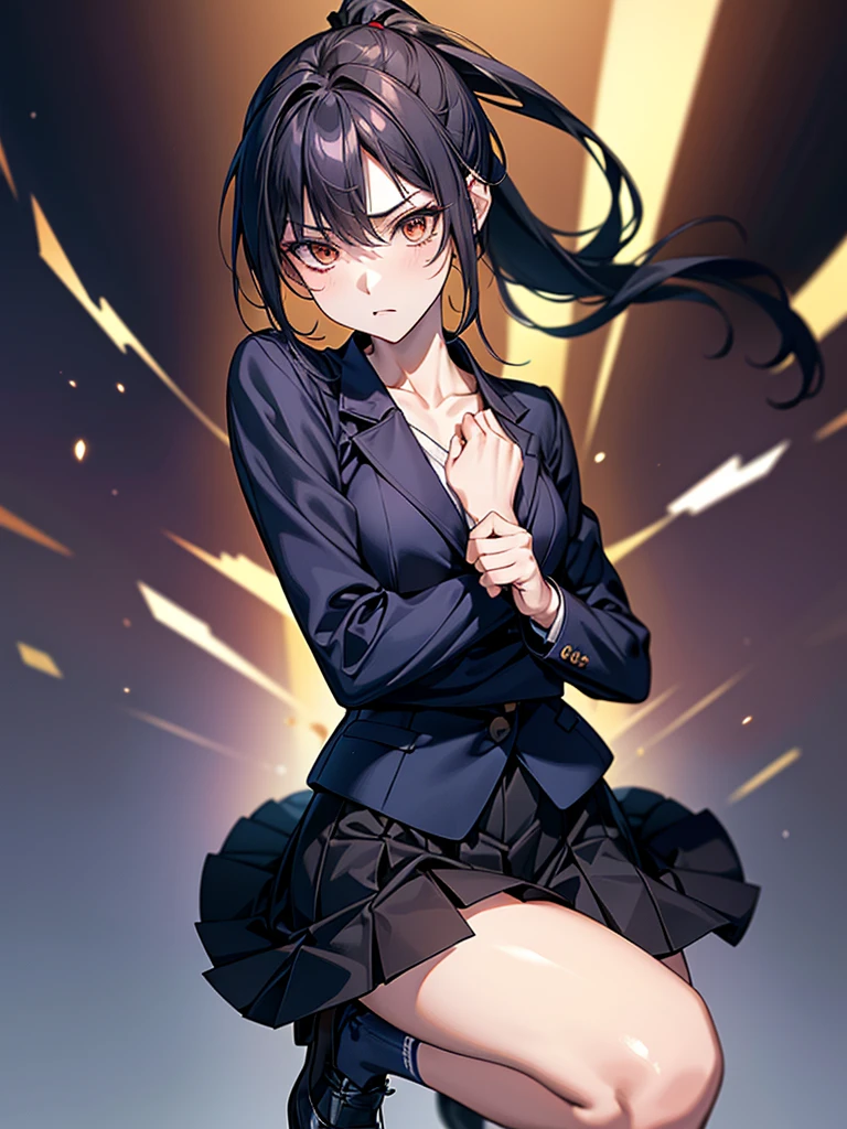 One Fighting Girl, ponytail, Black Hair, Slender body,Thin chest,Slanted Eyes, Thin chest, height: 155cm,Illustration effect, High School Uniform,Navy Blue Blazer,White blouse,Orange ribbon,Gray knee-length flared skirt,Navy blue knee socks,Black shoes,High Speed Kung Fu Stance,Throw a punch full of aura,High resolution, masterpiece, Accurate, Anatomically correct, number々Awards, Highest quality, corruption, detailed, High resolutionモデル, 高いdetailed, retina, Very detaileded, Textured skin, 超High resolution, vision, Background Blur, Lens flare, Anatomically correct, Anime Style, Perspective, 