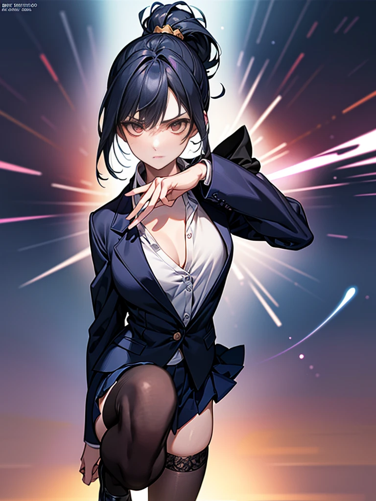 One Fighting Girl, ponytail, Black Hair, Slender body,Thin chest,Slanted Eyes, Thin chest, height: 155cm,Illustration effect, High School Uniform,Navy Blue Blazer,White blouse,Orange ribbon,Gray knee-length flared skirt,Navy blue knee socks,Black shoes,High Speed Kung Fu Stance,Throw a punch full of aura,High resolution, masterpiece, Accurate, Anatomically correct, number々Awards, Highest quality, corruption, detailed, High resolutionモデル, 高いdetailed, retina, Very detaileded, Textured skin, 超High resolution, vision, Background Blur, Lens flare, Anatomically correct, Anime Style, Perspective, 