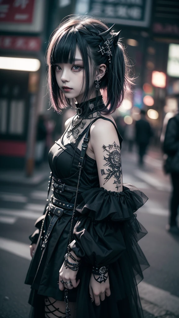 top-quality、8K、masterpiece:1.3、Gothic punk、Red inner color、A dark-haired、hair adornments、a beauty girl、creative、dark fantasy style、Neogos、Goth Fashion:1.2、hight resolution、masterpiece、top-quality、headw:1.3、((Hasselblad photo))、Fine-grained skin、Sharp Focus、(lighting like a movie)、Realistic texture m hair