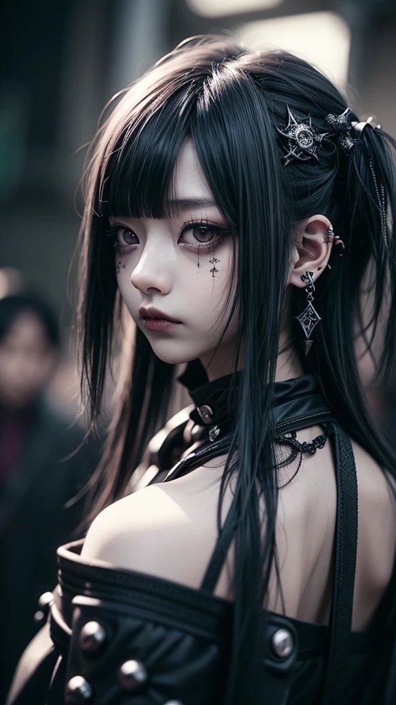 top-quality、8K、masterpiece:1.3、Gothic punk、Red inner color、A dark-haired、hair adornments、a beauty girl、creative、dark fantasy style、Neogos、Goth Fashion:1.2、hight resolution、masterpiece、top-quality、headw:1.3、((Hasselblad photo))、Fine-grained skin、Sharp Focus、(lighting like a movie)、Realistic texture m hair