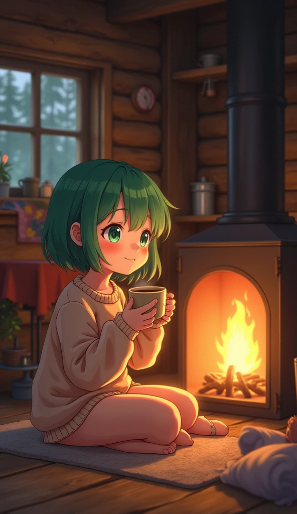 young girl with short green hair, wearing a cozy sweater, sits by a fireplace in a small cabin. Her face is filled with warmth and comfort as she sips a cup of tea, the fire crackling softly beside her. The cabin is filled with soft, warm light, creating a peaceful, homely atmosphere. [Anime style, inspired by 90's slice-of-life aesthetics], [Warm, soft lighting, rich colors, focus on the girl and fireplace, intimate composition, cozy mood]






