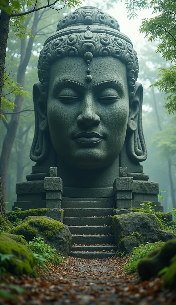 In the middle of a forest stands a large stone statue, stone eyes, virtual unreal, IMAX-Filmmaterial, by Jang Seung-eop, Still in style, cybertronischer Hindutempel, face close up, PlayStation 3, autodesk, Still from the Marvel movie, Graves  