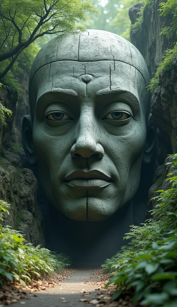 In the middle of a forest stands a large stone statue, stone eyes, virtual unreal, IMAX-Filmmaterial, by Jang Seung-eop, Still in style, cybertronischer Hindutempel, face close up, PlayStation 3, autodesk, Still from the Marvel movie, Graves