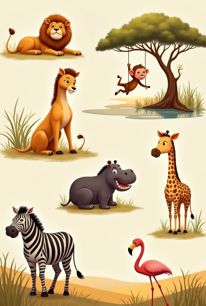 Cute savannah animals, one per page, Lion, giraffe, ape, hipoppotamus, flamingo, zebra