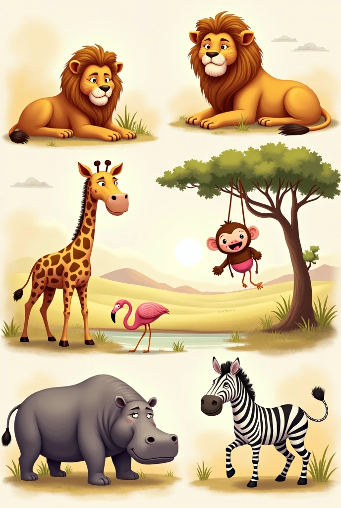 Cute savannah animals, one per page, Lion, giraffe, ape, hipoppotamus, flamingo, zebra