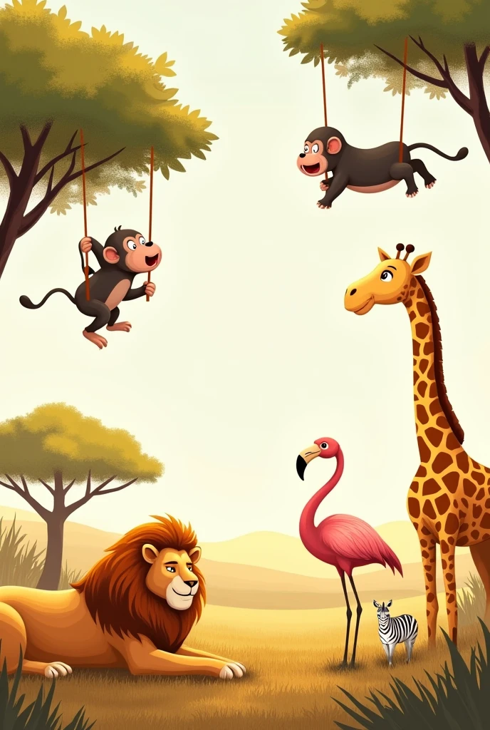 Cute savannah animals, one per page, Lion, giraffe, ape, hipoppotamus, flamingo, zebra