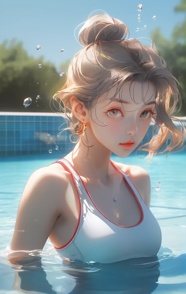 (masterpiece 1 2), (best quality 1 1), (high resolution 1 1), ultra detailed,,in the pool, (school 0 9), detailed background, sunbathing, outdoors,,1Amaterasu, uniform, crouching, leaning forward, mischievous, (sports bra visible through clothes 1 1), white shirt, floating,,HDR, sunlight, (from below 1 1), (underwater 1 1),, lora AnimeStyleLora_v10ForAOM3A1 0 5 , lora fashionGirl_v54 0 2 , lora hipoly3DModelLora_v20 0 3