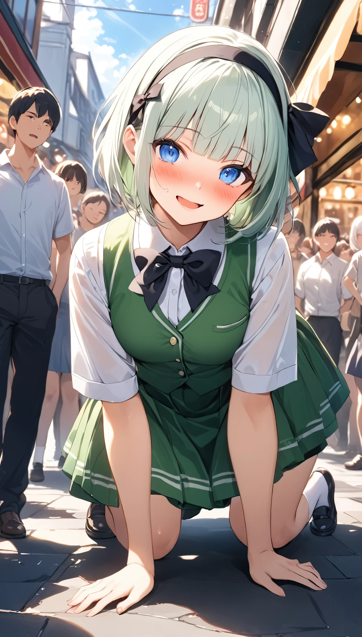 Long shot,ground shot, ground shot,glowing skin, high quality, masterpiece,beautiful girl, konpaku youmu, 1girl, white hair, short hair, blunt bangs, blue eyes,hairband, hair ribbon, black ribbon, black bowtie, white shirt, collared shirt, green vest, green skirt, socks, not wearing underwear,unique, (very beautiful face,wink,blushing face),young,break,(sexy pose:1.3),on all fours,
top-down bottom-up,
split leg forward bend,, lift up the skirt,break,shopping street in the daytime,(surrounded by a crowd, (surprised and noticed by many people))