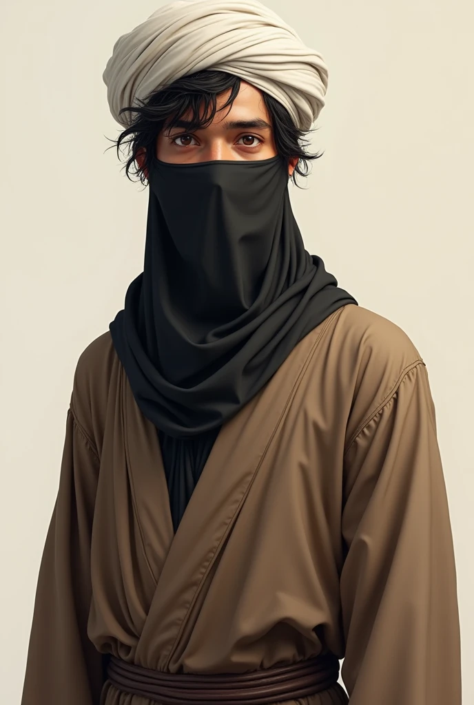 (photorealism:1.2), A man in his twenties. He has a white Islamic turban on his head. wearing brown Islamic robe. wearing a black veil covering her face. messy hair realistic animation drawing.