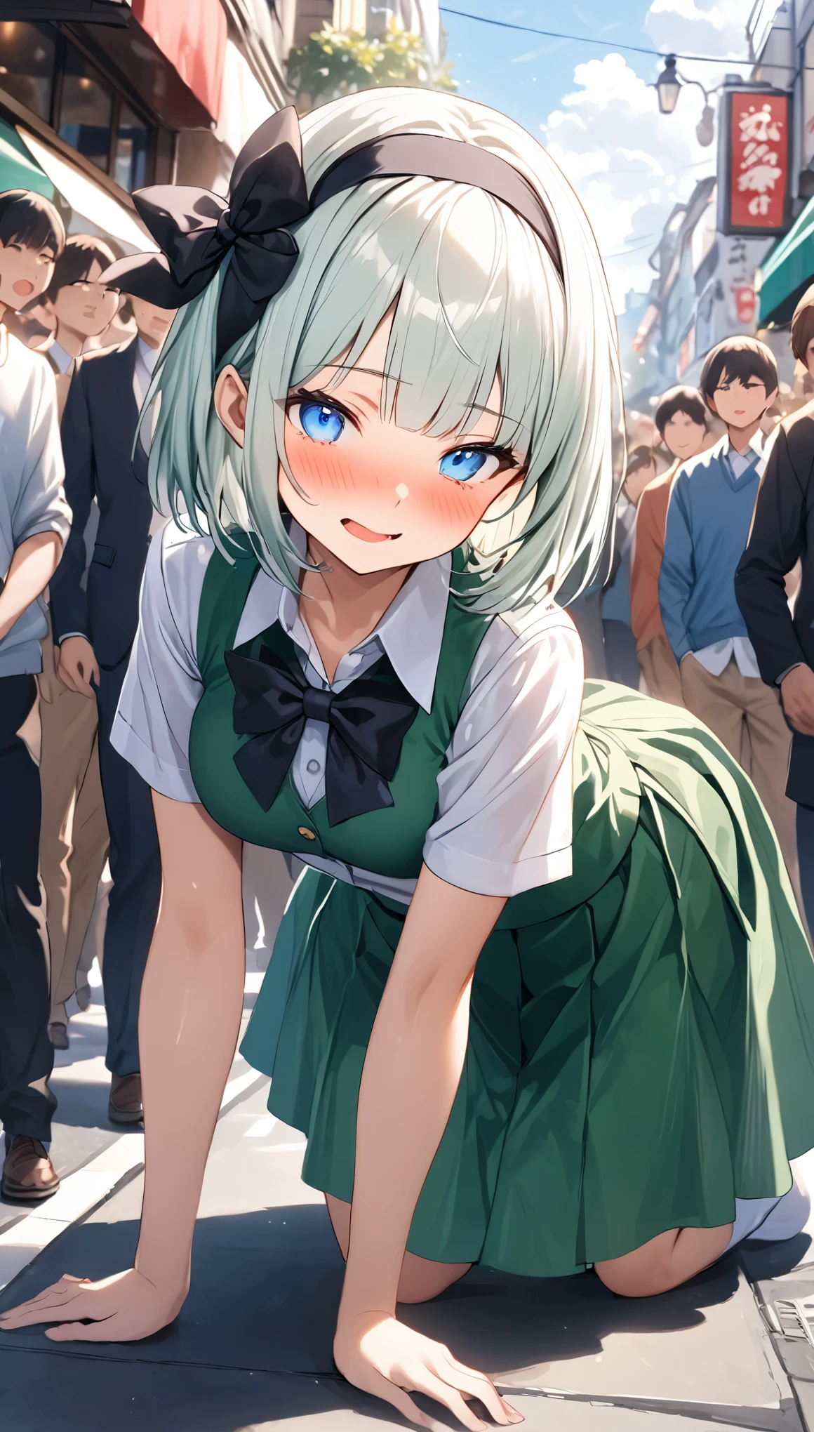 Long shot,ground shot, ground shot,glowing skin, high quality, masterpiece,beautiful girl, konpaku youmu, 1girl, white hair, short hair, blunt bangs, blue eyes,hairband, hair ribbon, black ribbon, black bowtie, white shirt, collared shirt, green vest, green skirt, socks, not wearing underwear,unique, (very beautiful face,wink,blushing face),young,break,(sexy pose:1.3),on all fours,
top-down bottom-up,
split leg forward bend,, lift up the skirt,break,shopping street in the daytime,(surrounded by a crowd, (surprised and noticed by many people))