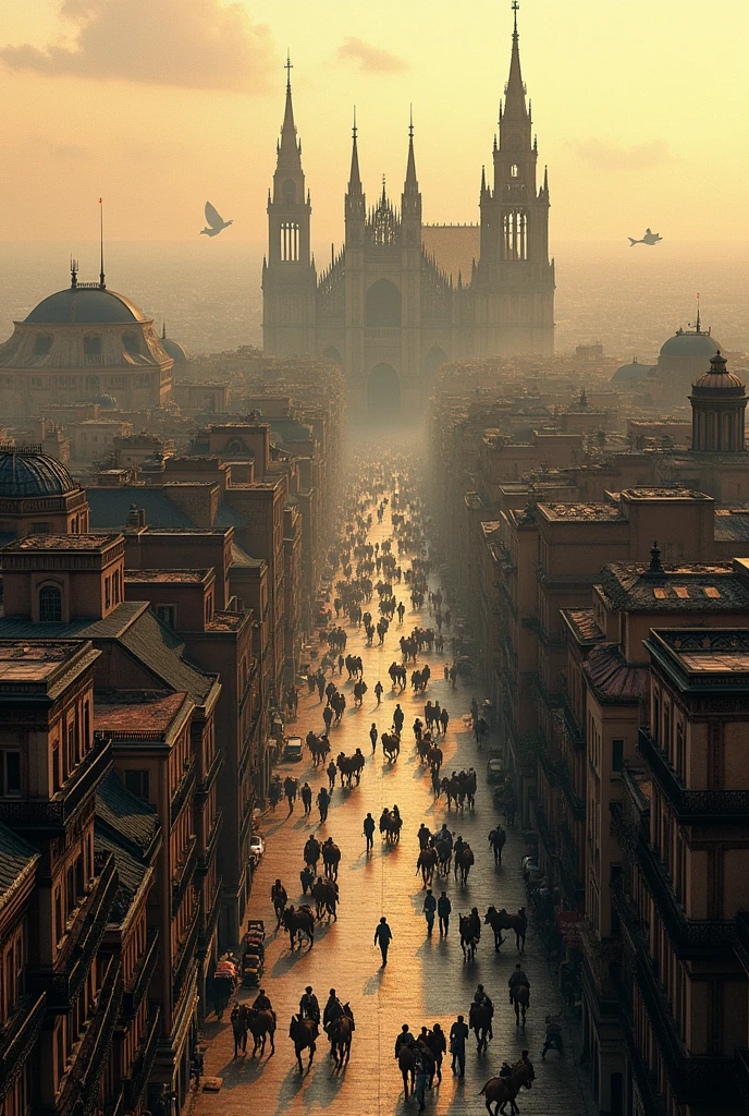 Make a picture of the city of Milan at the beginning of the 20th century, from an aerial perspective and to appreciate the buildings and architecture.