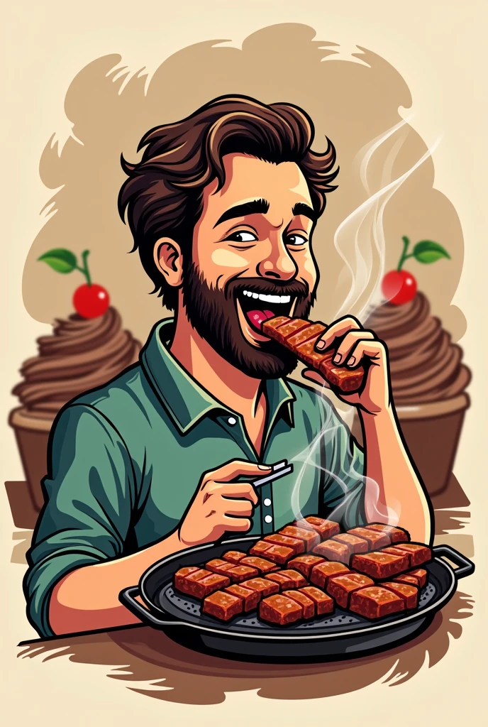 A logo of a man sucking on a Brazilian chop with mousse in the background