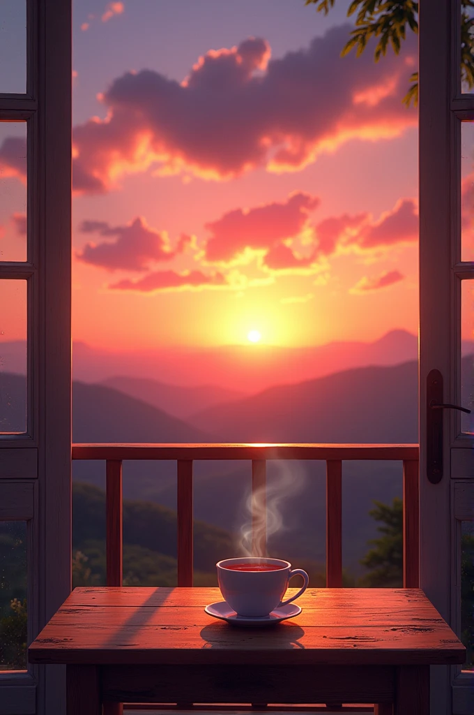 Beautiful sunset view from balcony with table having cup of tea tea