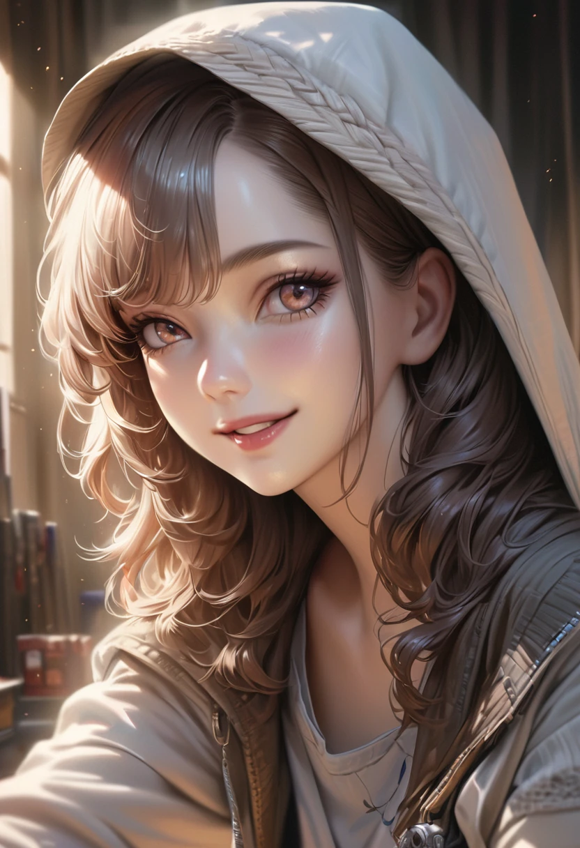 master piece,ultra-detailed,Realistic,16K,beautiful girl,behind fire workks,brightly,cute smile