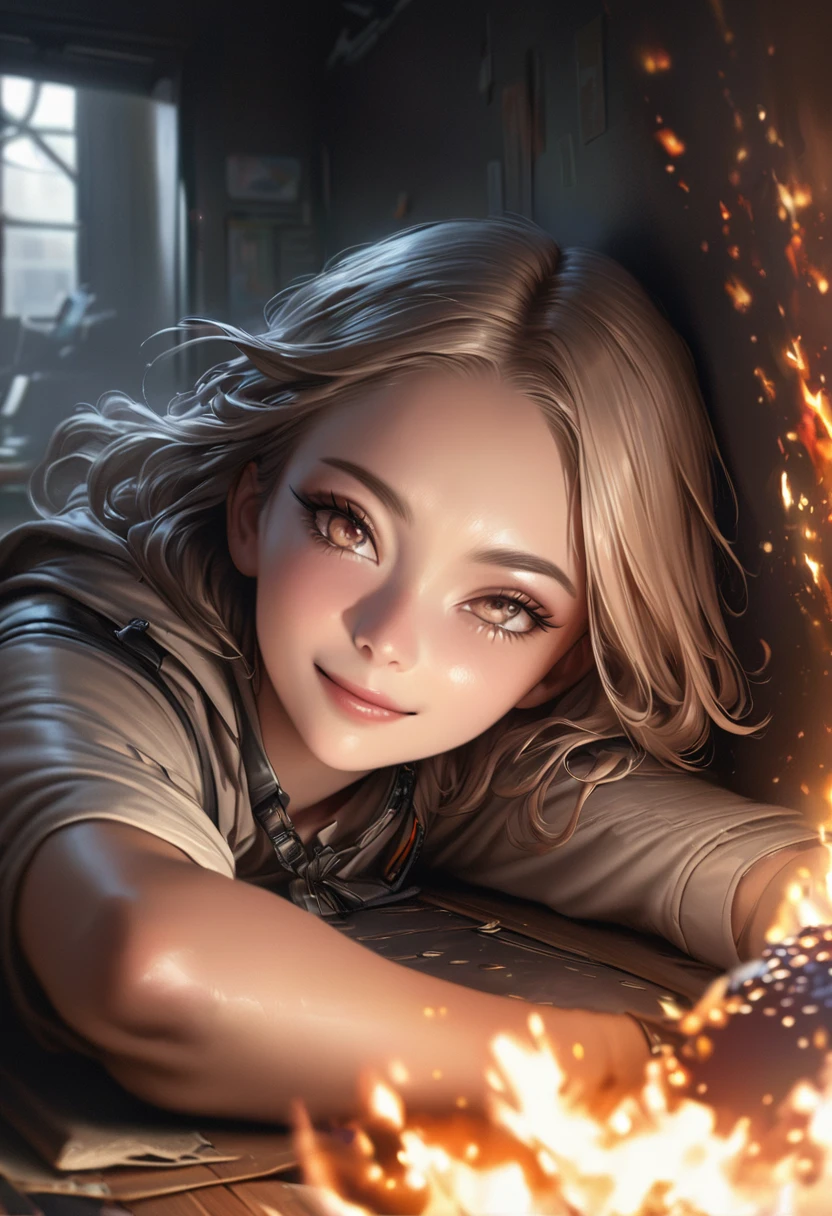 master piece,ultra-detailed,Realistic,16K,beautiful girl,behind fire workks,brightly,cute smile