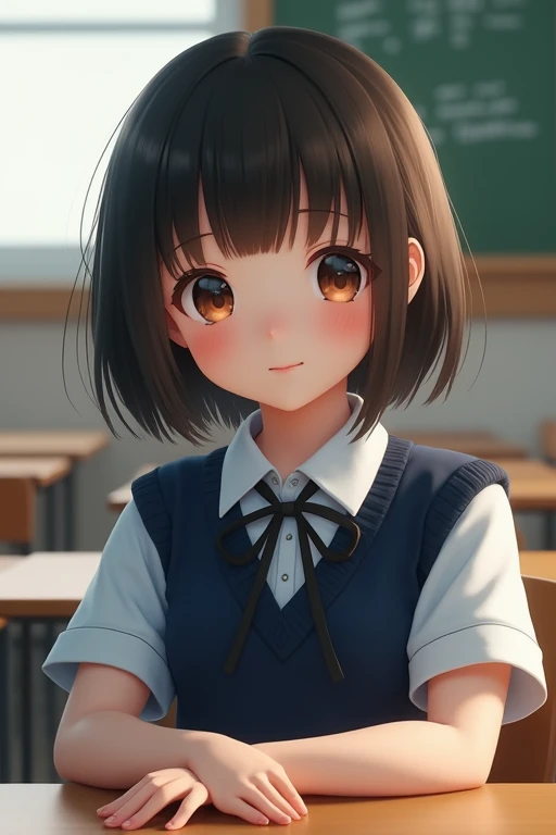 best quality, face focus, soft light, ultra high res, (photorealistic:1.4), RAW photo, 1japanese girl, solo, cute, (shy smile:0.5), (brown eyes, lights in the eyes), detailed beautiful face, (small chest),(high resolution detail of human skin texture), (short bob hair), BREAK, in classroom,navy school uniform, vest, skirt