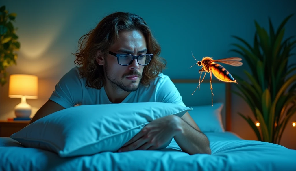 A captivating photograph showcasing a guy with long, wavy brown hair and glasses caught in the midst of a mosquito battle in his bedroom at night. He is swinging his pillow towards the mosquito with fury. The guy is wearing a white t-shirt and has a determined look on his face. The mosquito is perched on the wall, buzzing annoyingly as the guy swings his pillow in an attempt to swat it. The room is filled with a variety of bright colors, from the blue bedsheet to the green plants, creating a vivid and lively atmosphere., photo, cinematic