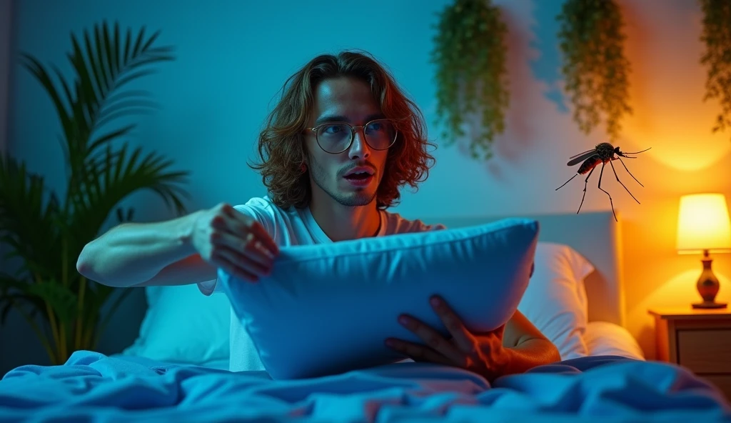A captivating photograph showcasing a guy with long, wavy brown hair and glasses caught in the midst of a mosquito battle in his bedroom at night. He is swinging his pillow towards the mosquito with fury. The guy is wearing a white t-shirt and has a determined look on his face. The mosquito is perched on the wall, buzzing annoyingly as the guy swings his pillow in an attempt to swat it. The room is filled with a variety of bright colors, from the blue bedsheet to the green plants, creating a vivid and lively atmosphere., photo, cinematic