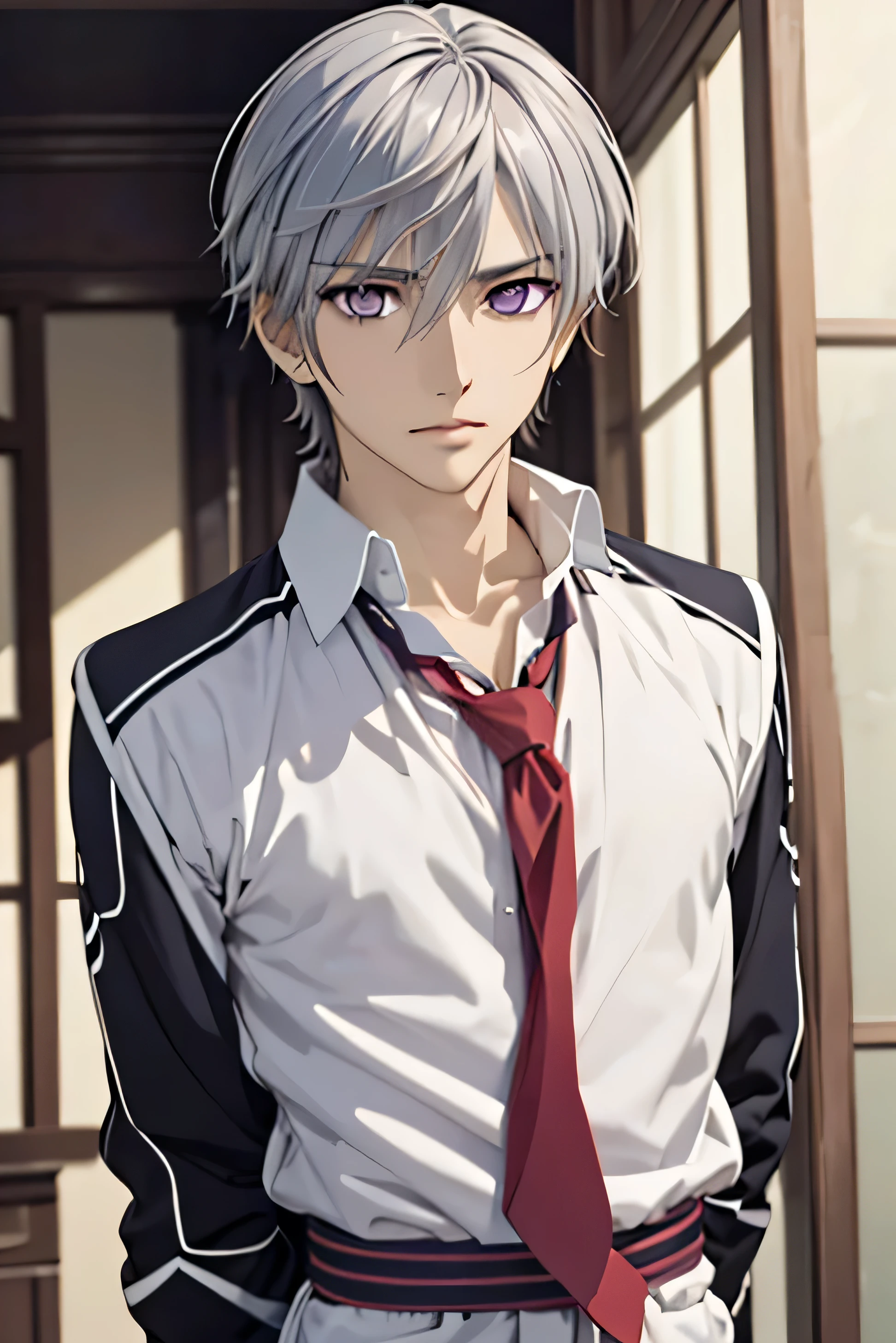 masterpiece, best quality, , 1boy, solo, male focus, looking at viewer, upper body, depth of field, anime coloring, , zero_kiryuu, grey hair, purple eyes, arms behind back, 