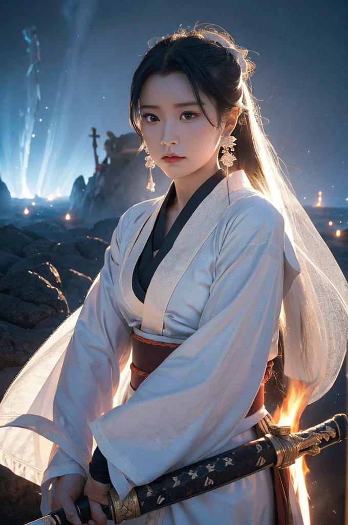 (Ultra high definition、Photorealistic、masterpiece)、raw、50mm、f1.4、Single-lens reflex camera、The mysterious maid、Baby Face、Pretty girl、 (Musashi Miyamoto)、 Wielding a long Japan sword、Split with a powerful blow、Wrapped in a fog that blocks visibility、Revealing a vivid and otherworldly scene、Hazy background、The clarity of the sword strike、Burning earth in the background、volcano、lava、White Fox、A mysterious layer of mist covers the foreground、Earrings、Clear Eyes、Exquisite and delicate kimono、Dramatic lighting and colors、