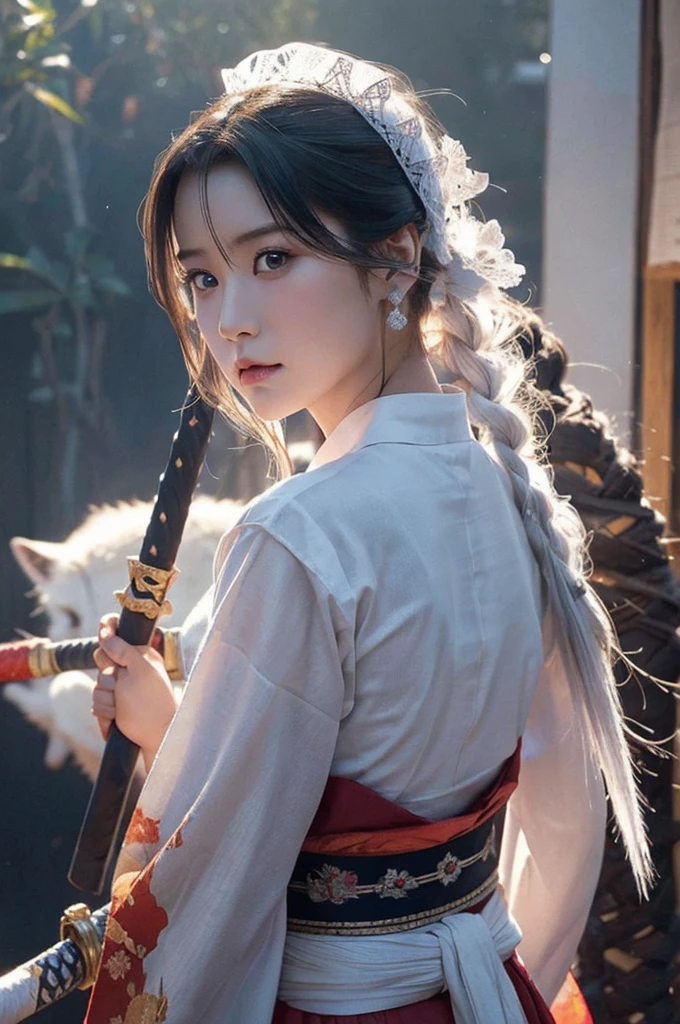 (Ultra high definition、Photorealistic、masterpiece)、raw、50mm、f1.4、Single-lens reflex camera、The mysterious maid、Baby Face、Pretty girl、 (Musashi Miyamoto)、 Wielding a long Japan sword、Split with a powerful blow、Wrapped in a fog that blocks visibility、Revealing a vivid and otherworldly scene、Hazy background、The clarity of the sword strike、Burning earth in the background、volcano、lava、White Fox、A mysterious layer of mist covers the foreground、Earrings、Clear Eyes、Exquisite and delicate kimono、Dramatic lighting and colors、