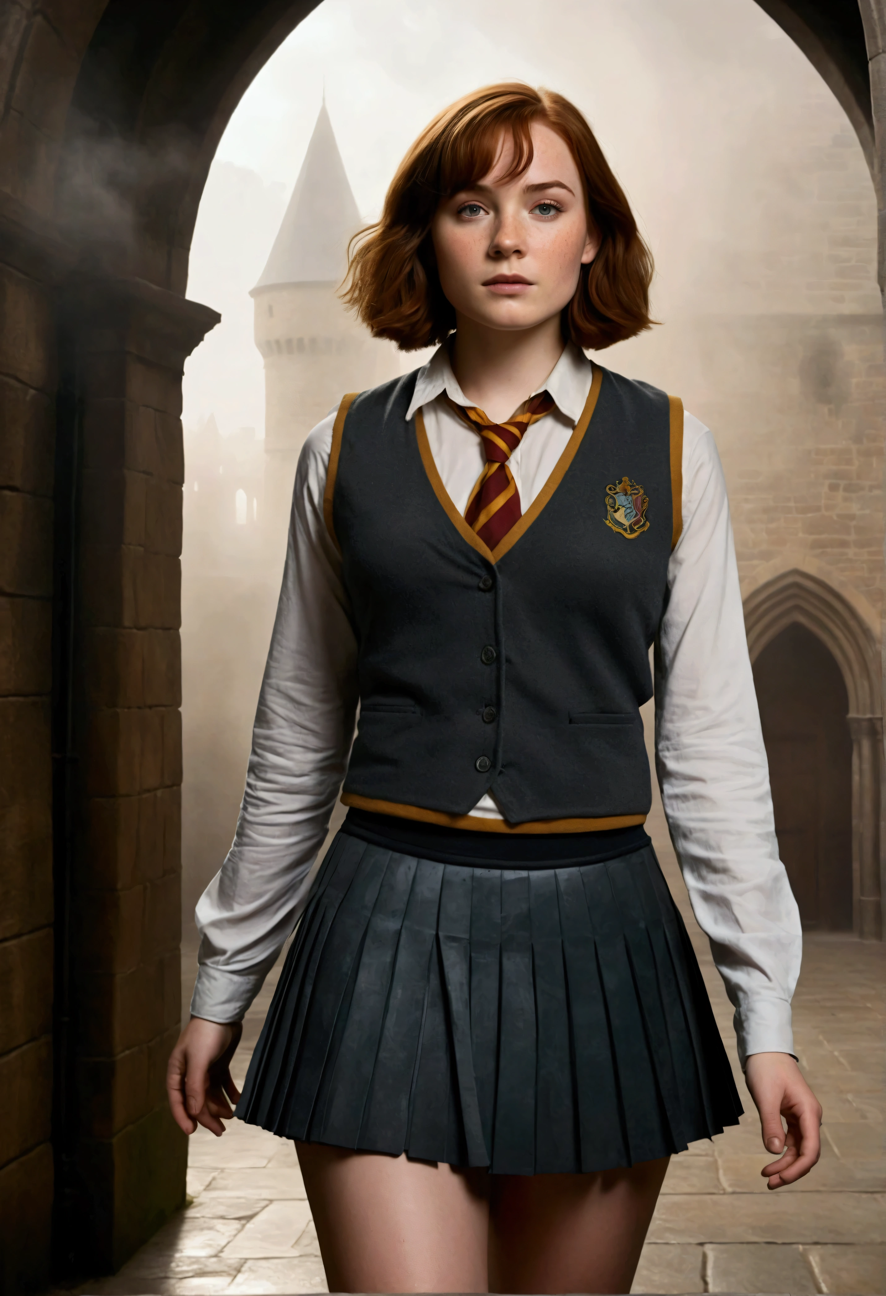 An illustrated movie poster, hand-drawn, full color, a female Hogwarts student, 1, wearing a charcoal vest and a pleated skirt, tall, toned, amazonian stature, athletic hourglass figure, full wide hips, massive round butt, long shapely legs, ridiculously thick powerful thighs, deep dark auburn hair, short shaggy bob cut, flushed sun-kissed complexion, freckles, resembles Genevieve O'Reilly, standing in a foggy Hogwarts courtyard, surrounded by mist, graphite shading, stencil marks, airbrushed acrylic paint, masterpiece, in the Deathly Hallows 