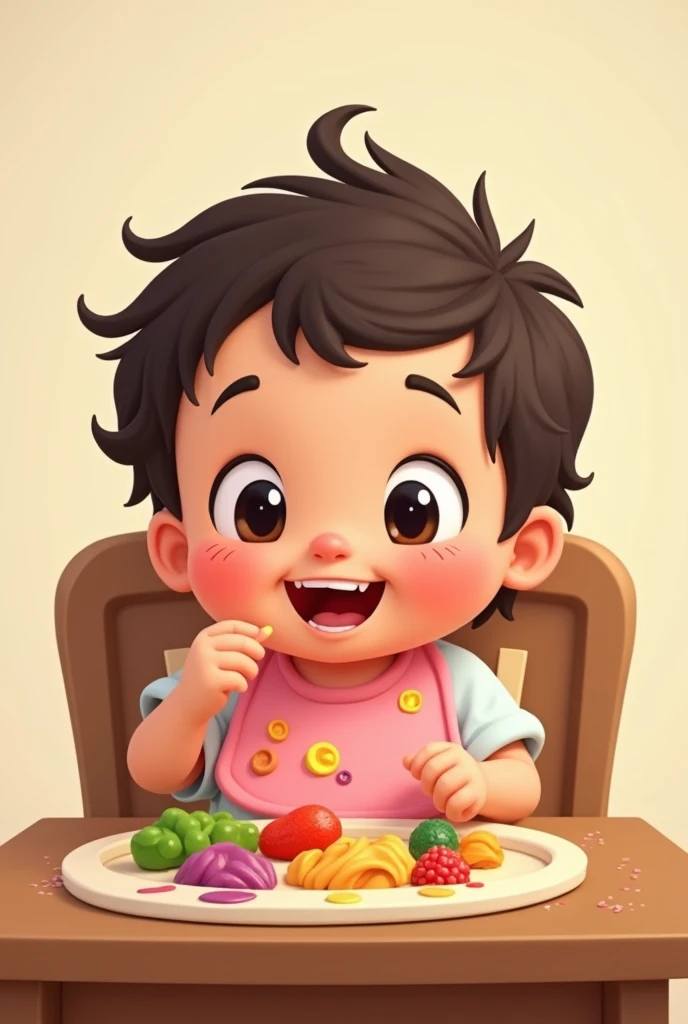 animated baby with a dark brown hair and wearing a white shirt and a pink drool bib that is sitting in a brown high chair eating foods gets his bib very messy because of the food