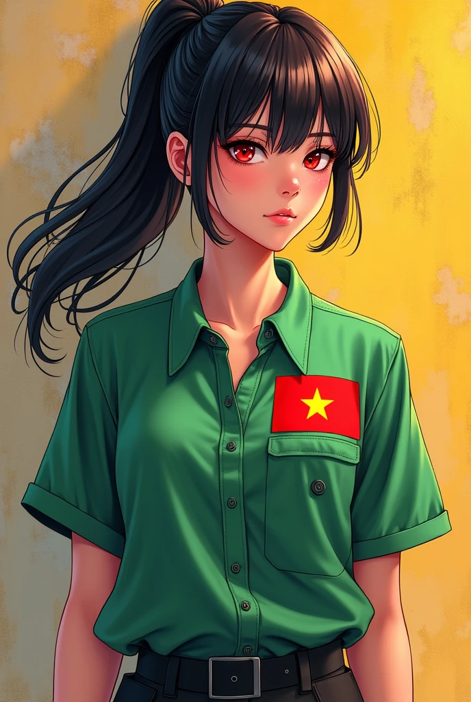 Draw a dynamic 18 year old girl she wears a slightly long green shirt and on the left side has the Vietnamese flag on the chest and short sleeves and red eyes and a ponytail, black hair, and light black pants