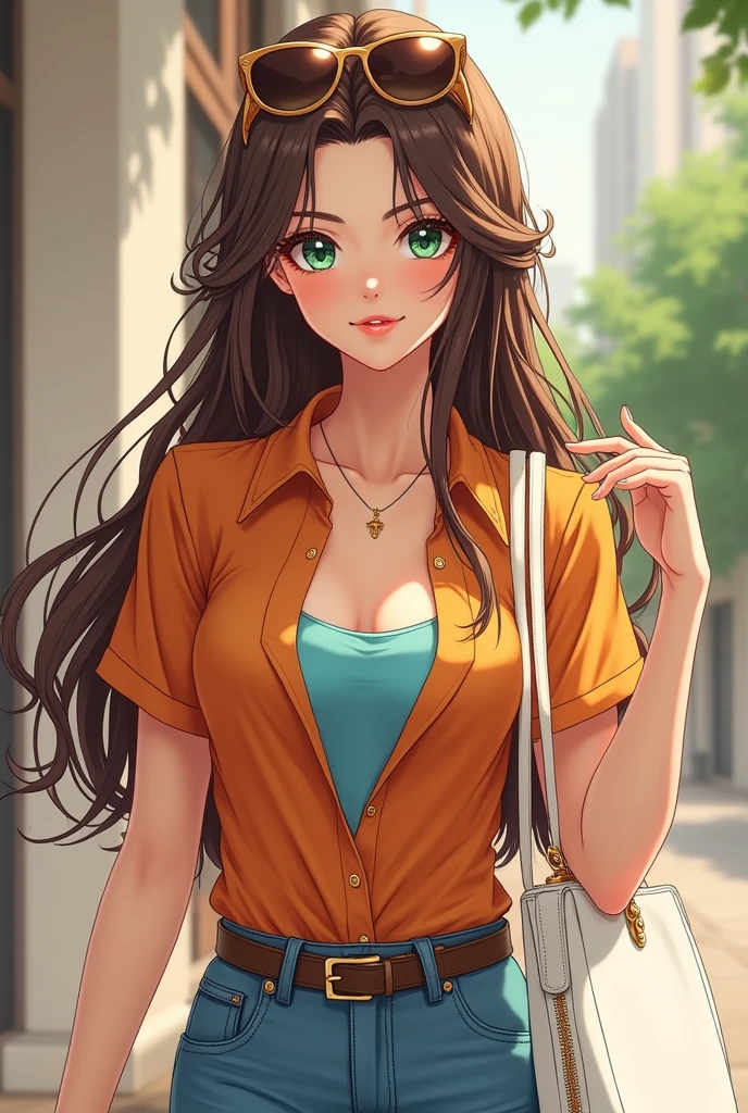 A beautiful 36-year-old anime fantasy lady who is rich, her brown straight hair sparkles in the light, her lips are like a beautiful smile, her cheeks are a little pink, she wears denim jeans and a short-sleeved mango-colored shirt with open buttons, with a sky blue top underneath. A precious white bag in her arm and stylish sun glasses on her head, she poses and looks at you with green shiny eyes