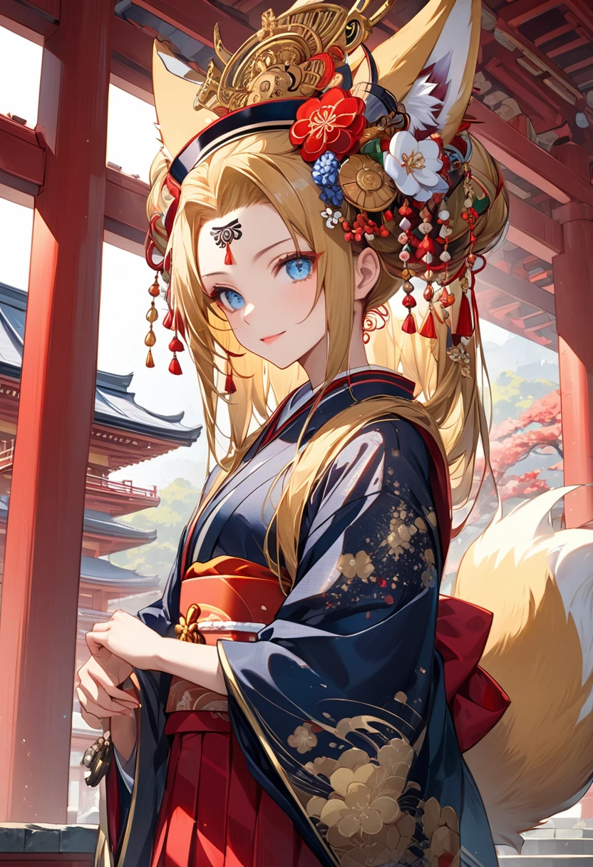 Ink painting, (((1 girl))), (((Tattoo in the middle of the forehead))),(((In the background is the Akatsuki moon))), (((Oiran))), (((Great hair accessories))), Demon possession, ((Masterpiece:1.2)), ((Highest quality)), Extremely detailed and delicate illustration style, Detailed leather texture, Detailed canvas texture, Very detailed description, (Masterpiece T), Extremely beautiful illustration, Highly detailed face, Raw image, professional, Ultra-high resolution panel, Complex details, Superior detail, Intricate decoration details, Perfect anatomy, real, (Very beautiful and cute golden fox woman or girl with blue eyes wearing a kimono), ((Beautiful golden fox ears)), (Beautiful golden fox tail), (Beautiful shiny golden hair), (Beautiful and clear blue eyes), (Beautiful detailed eyes:1.6), ((Japanese temple priestess style: 1.7)), (Traditional tailored outfit), Front view, White flower kimono, Long red hakama skirt, A maxi skirt, Modestly dressed, He smiles, ((Standing and looking at me)), ((The day)), (Extremely detailed and beautiful Japanese temple construction), (8K Highest quality wallpaper), (Extremely detailed and delicate background)