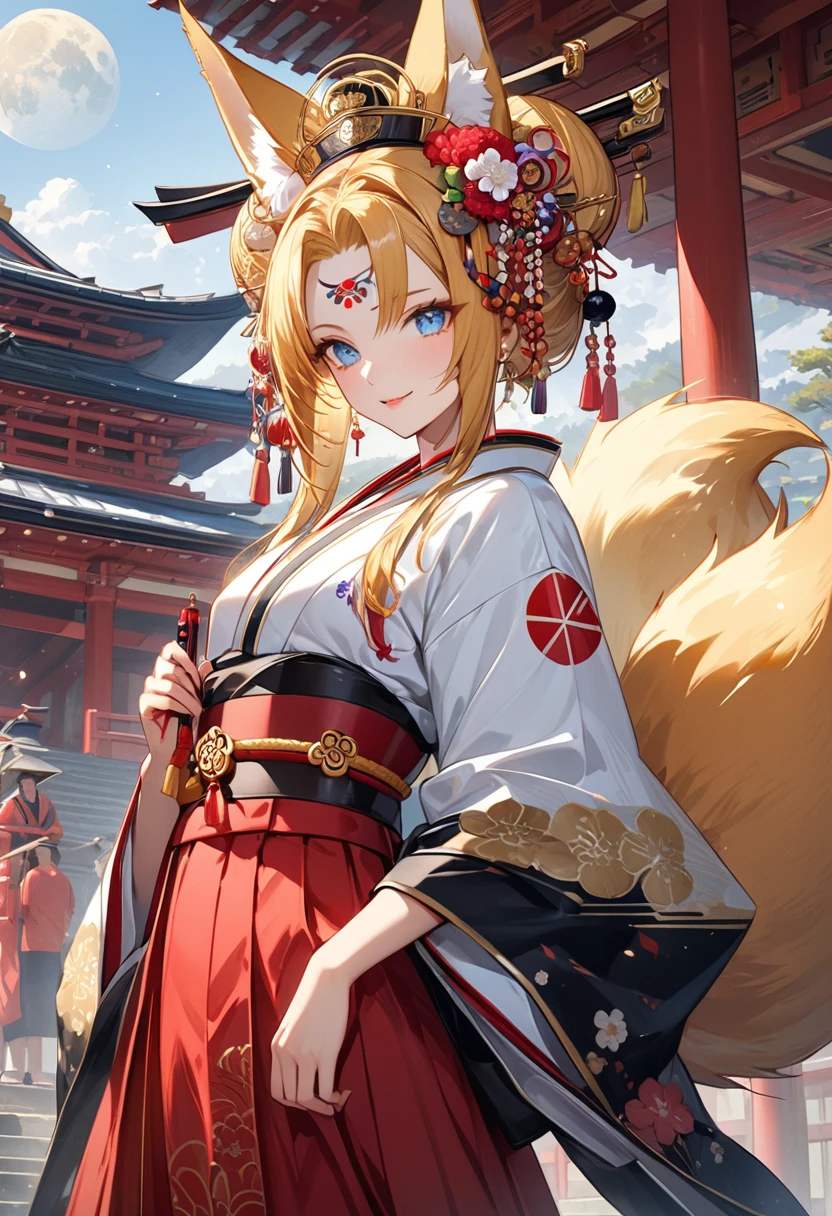 Ink painting, (((1 girl))), (((Tattoo in the middle of the forehead))),(((In the background is the Akatsuki moon))), (((Oiran))), (((Great hair accessories))), Demon possession, ((Masterpiece:1.2)), ((Highest quality)), Extremely detailed and delicate illustration style, Detailed leather texture, Detailed canvas texture, Very detailed description, (Masterpiece T), Extremely beautiful illustration, Highly detailed face, Raw image, professional, Ultra-high resolution panel, Complex details, Superior detail, Intricate decoration details, Perfect anatomy, real, (Very beautiful and cute golden fox woman or girl with blue eyes wearing a kimono), ((Beautiful golden fox ears)), (Beautiful golden fox tail), (Beautiful shiny golden hair), (Beautiful and clear blue eyes), (Beautiful detailed eyes:1.6), ((Japanese temple priestess style: 1.7)), (Traditional tailored outfit), Front view, White flower kimono, Long red hakama skirt, A maxi skirt, Modestly dressed, He smiles, ((Standing and looking at me)), ((The day)), (Extremely detailed and beautiful Japanese temple construction), (8K Highest quality wallpaper), (Extremely detailed and delicate background)